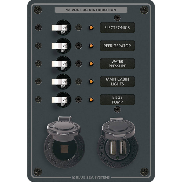 Blue Sea 8120 - 5 Position 12V Panel w-Dual USB & 12V Socket