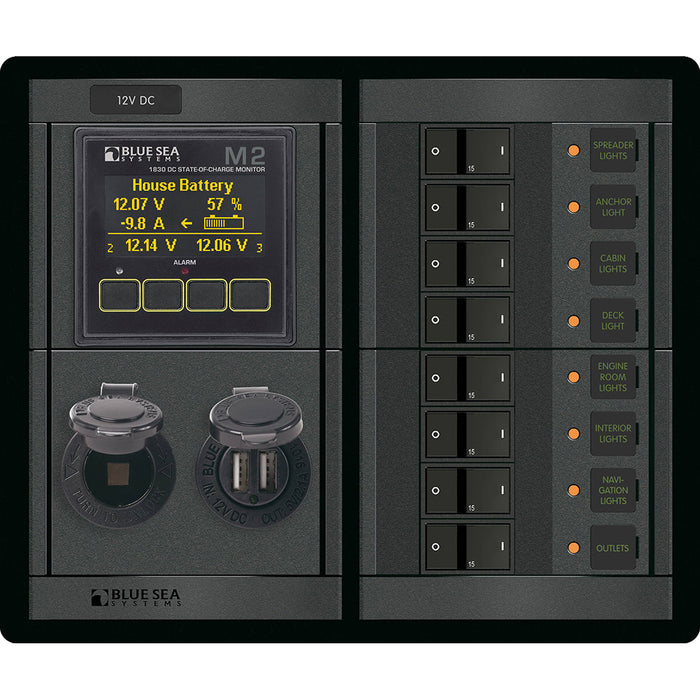 Blue Sea 1497 - 360 Panel - 8 Position 12V Flat Rocker M2 Multimeter w-SOC & Dual USB-12V Socket