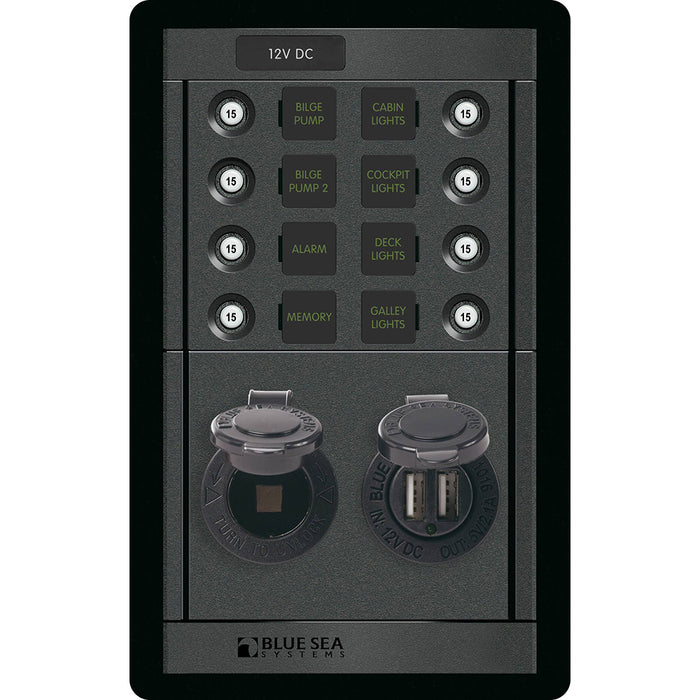 Blue Sea 1498 - 360 Panel - 8 Position 12V Panel w-Dual USB & 12V Socket