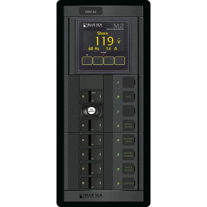 Blue Sea 1504 - 360 Panel - ELCI + 5 Position 120V AC Flat Rocker w-M2 AC Multimeter