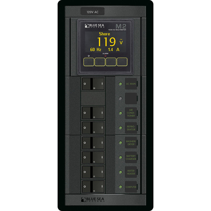 Blue Sea 1505 - 360 Panel - Main + 6 Position 120V AC Flat Rocker w-M2 AC Multimeter