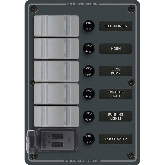 Blue Sea 8121 - 5 Position Contura Switch Panel w-Dual USB Chargers - 12-24V DC - Black