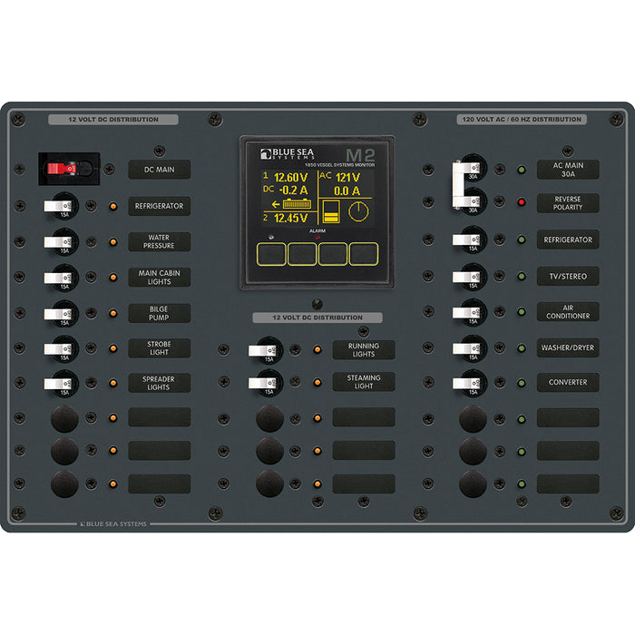 Blue Sea 8413 - Metal AC-DC Panel w-M2 Vessel Systems Monitor & 22 Circuit Breakers (15A)