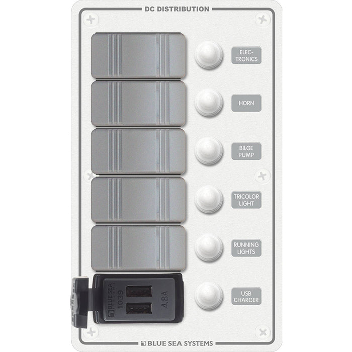 Blue Sea 8421 - 5 Position Contura Switch Panel w-Dual USB Chargers - 12-24V DC - White